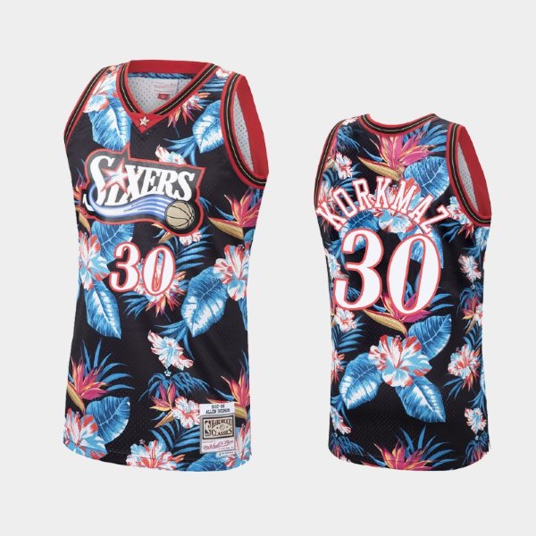 Philadelphia 76ers #30 Furkan Korkmaz Floral Fashion Hardwood Classics Black баскетбольная майка NBA